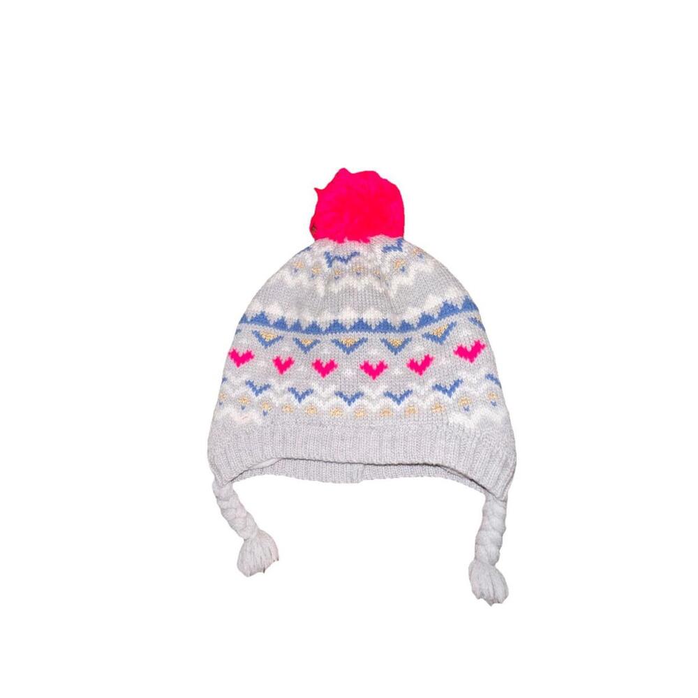 Carter's Gray Pink Heart Knit Fleece‎ Lined Kids Winter Pom Pom Beanie Hat